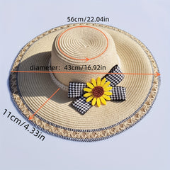 Sunflower Bow Decor Sun Hat Wide Brim Beige Straw Hat
