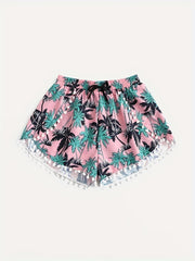 Tropical Print Mini Bow Pompom Trim Shorts