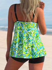 Floral Print Plus Size Tankini Set - Round Neck Top & Shorts Swimsuit