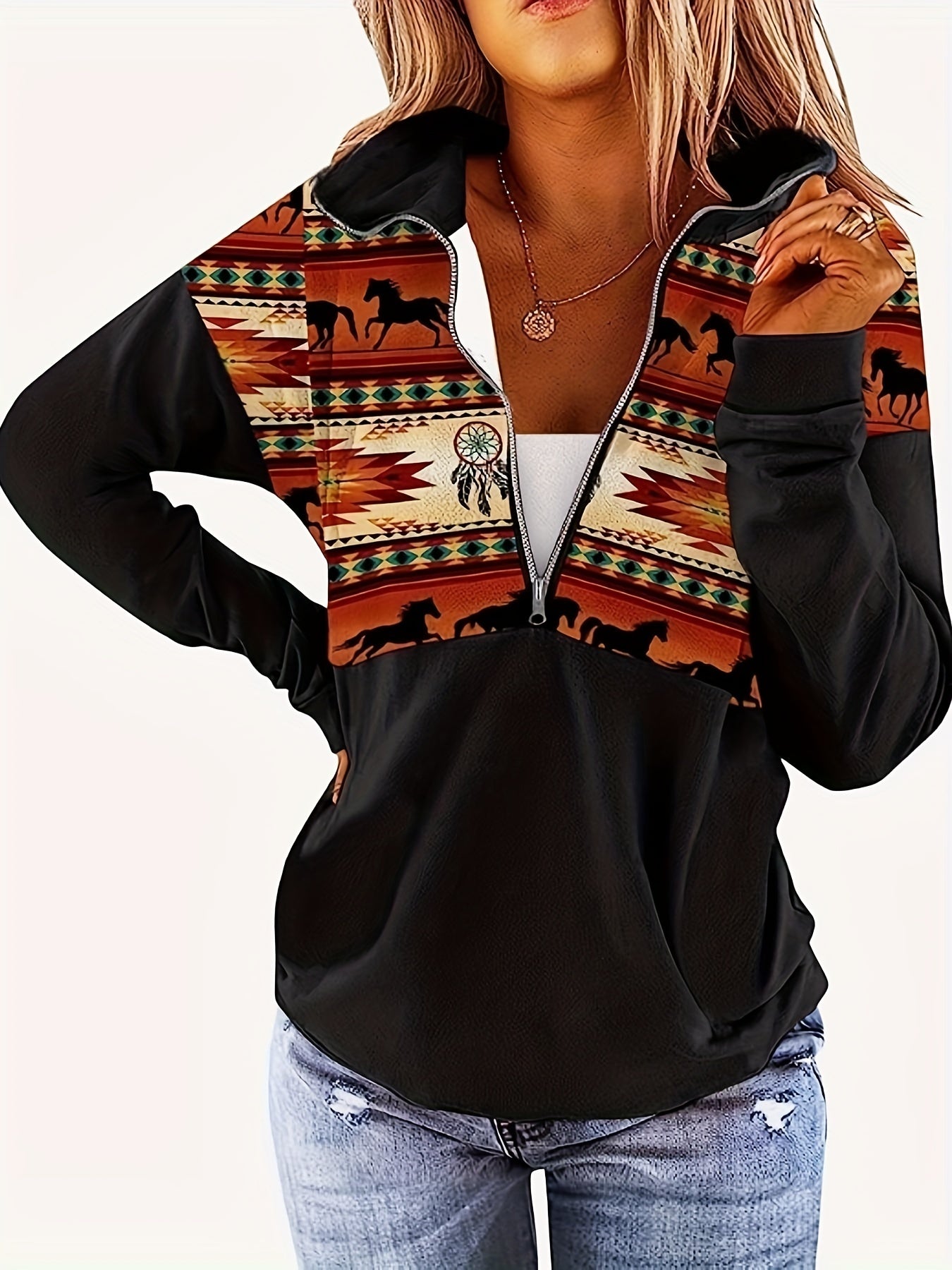 Boho Knit Top Women's Plus Colorblock Graphic Print Zipper Long Sleeve