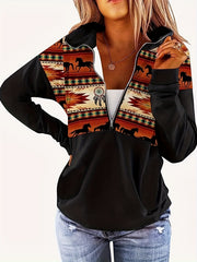Boho Knit Top Women's Plus Colorblock Graphic Print Zipper Long Sleeve
