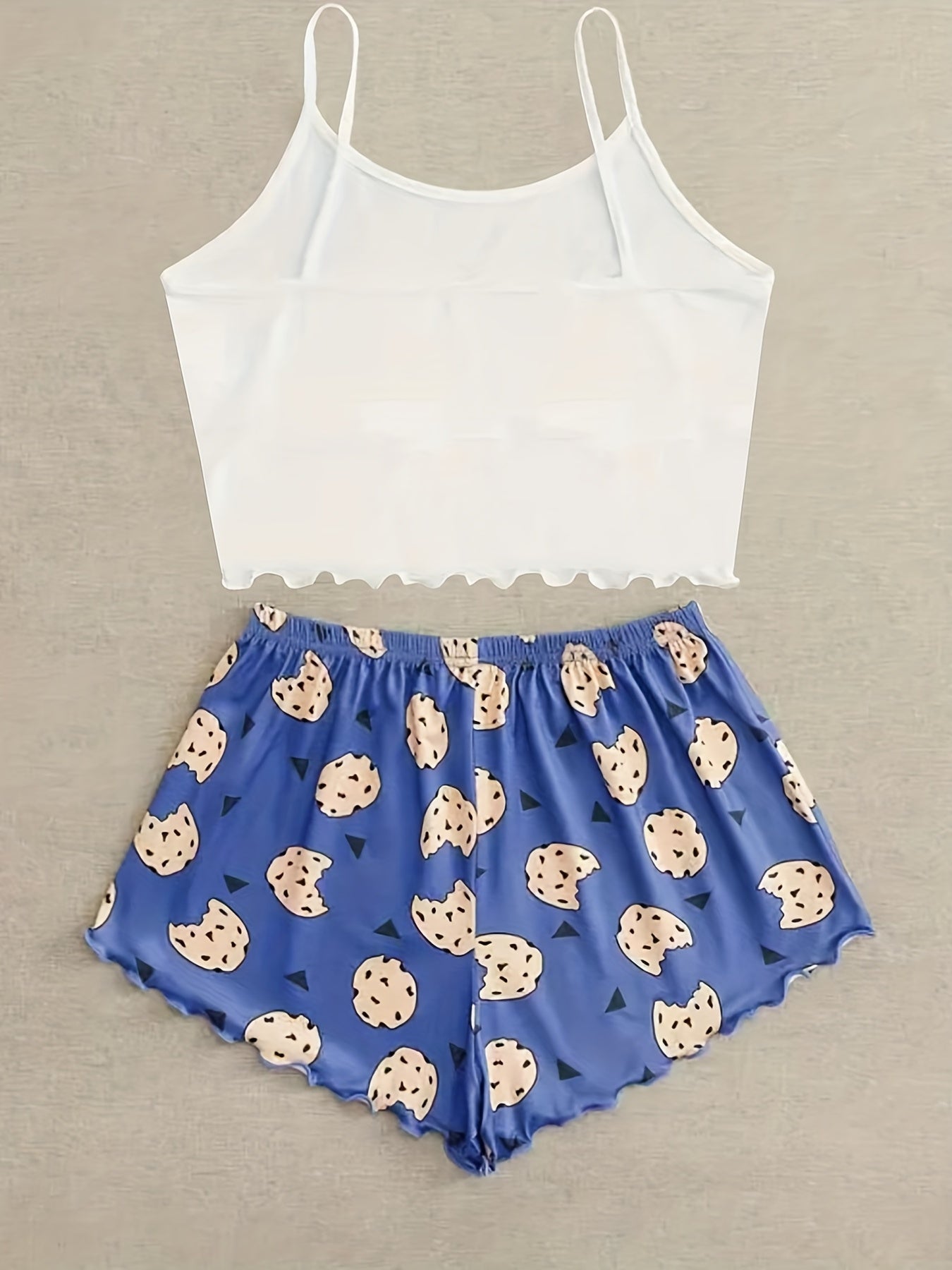 Cookies Print Pajama Set Crew Neck Cami Top & Elastic Waistband