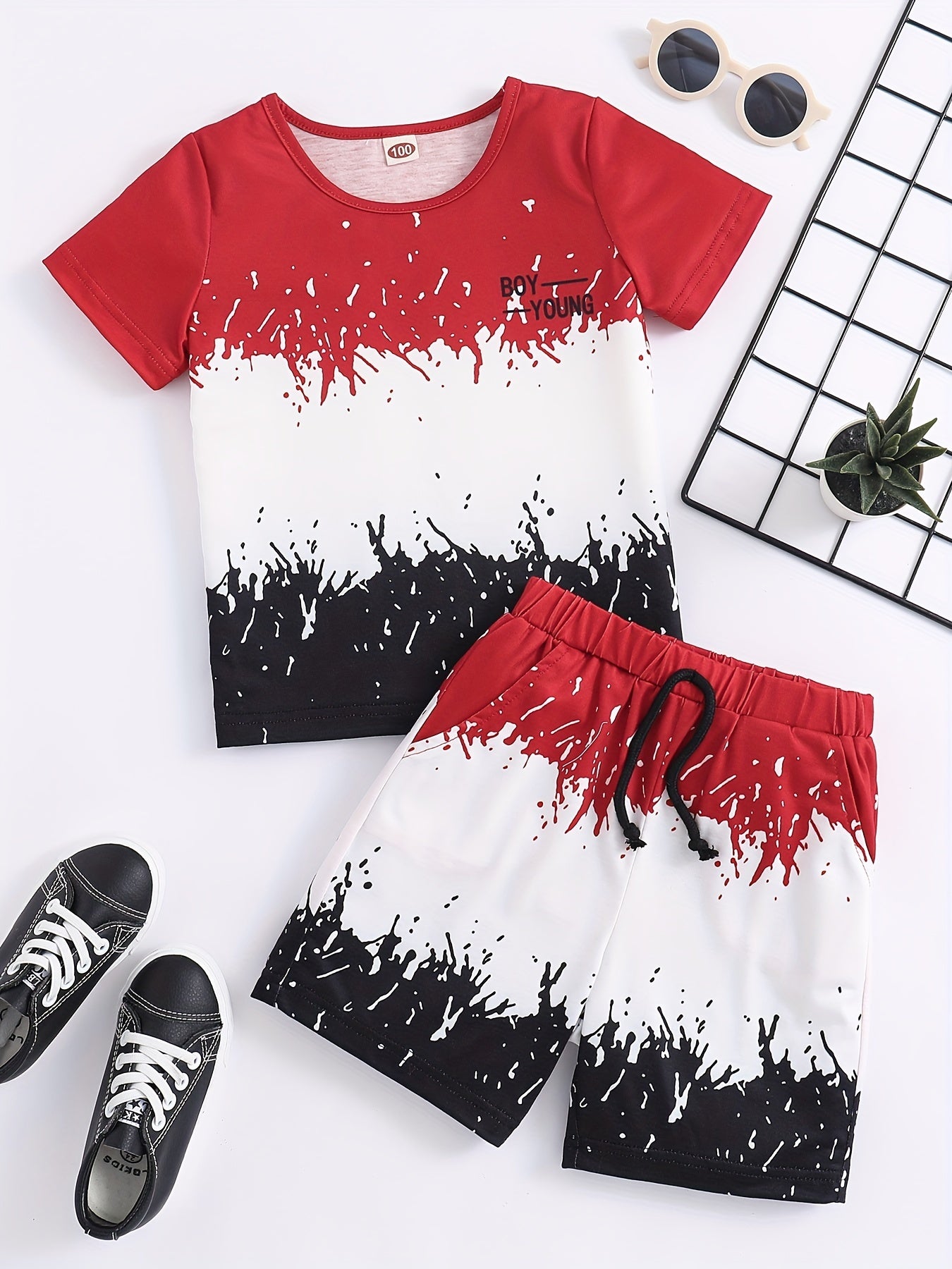 Boys Contrast T shirt & Shorts Set Summer Outfit