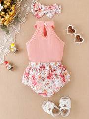 3pcs Baby Girls Casual Ribbed Knit Halter Top & Floral Bowknot Shorts Set