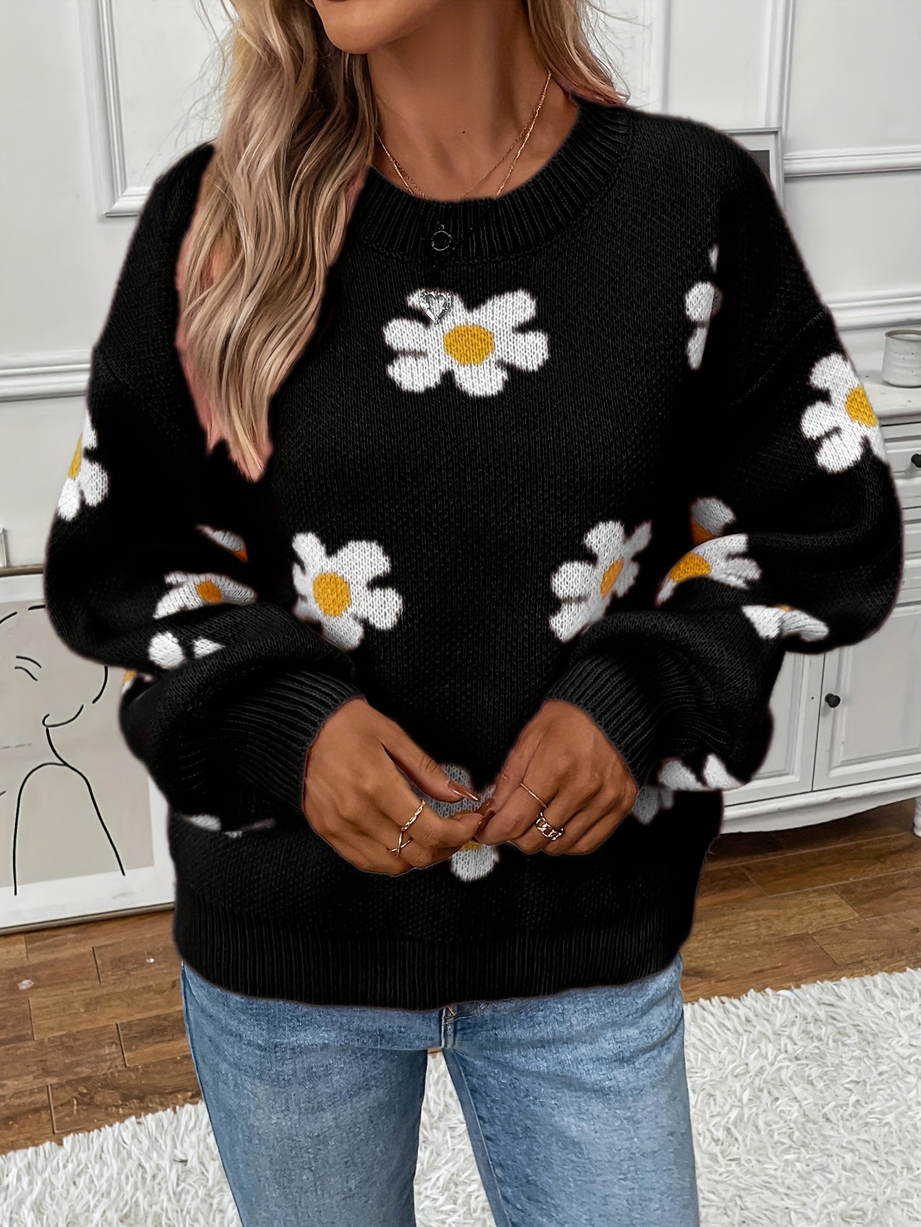 Floral Print Sweater Long Sleeve Pullover Women's Clothing