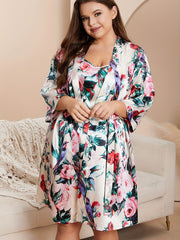 Rose Print Pajama Set - Long Sleeve Robe & Cami Nightdress