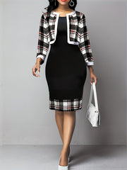 Colorblock Plaid Print Dress & Cardigan Set