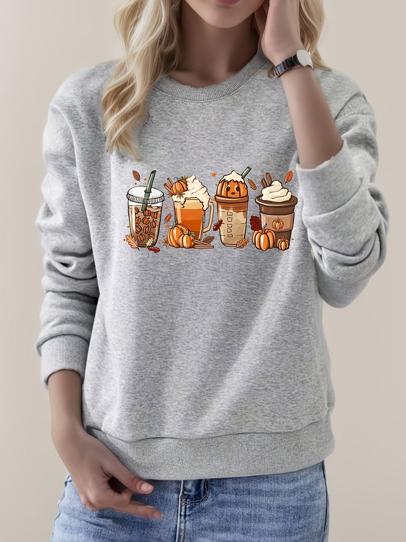 Pumpkin Drinking Print Halloween Sweatshirt