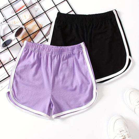 2pcs Girls' Contrast Binding Sports Shorts Set For Yoga Outfit