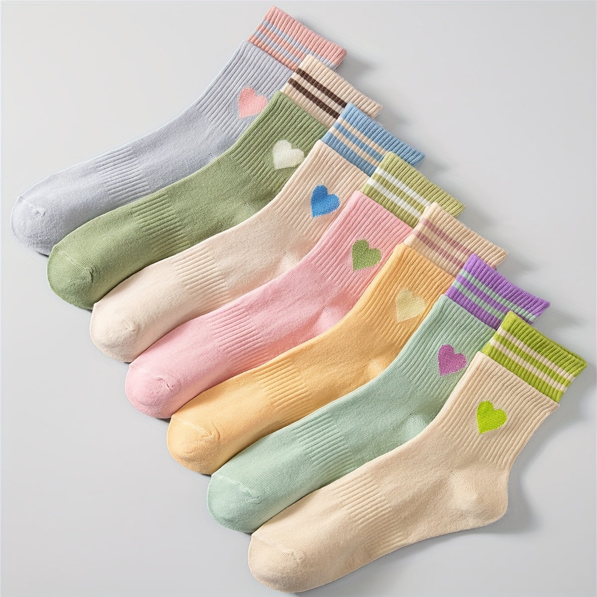7 Pairs Heart Print Striped Socks Women's Mid Tube Stockings