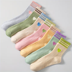 7 Pairs Heart Print Striped Socks Women's Mid Tube Stockings