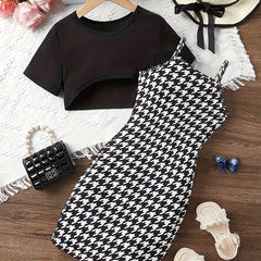 Girls Cropped T-shirt & Houndstooth Dress Set for Summer Party