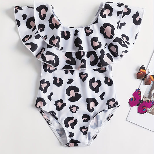 Toddler Girls Leopard Graphic One Piece Swimsuit Casual Batwing Sleeve Swimwear