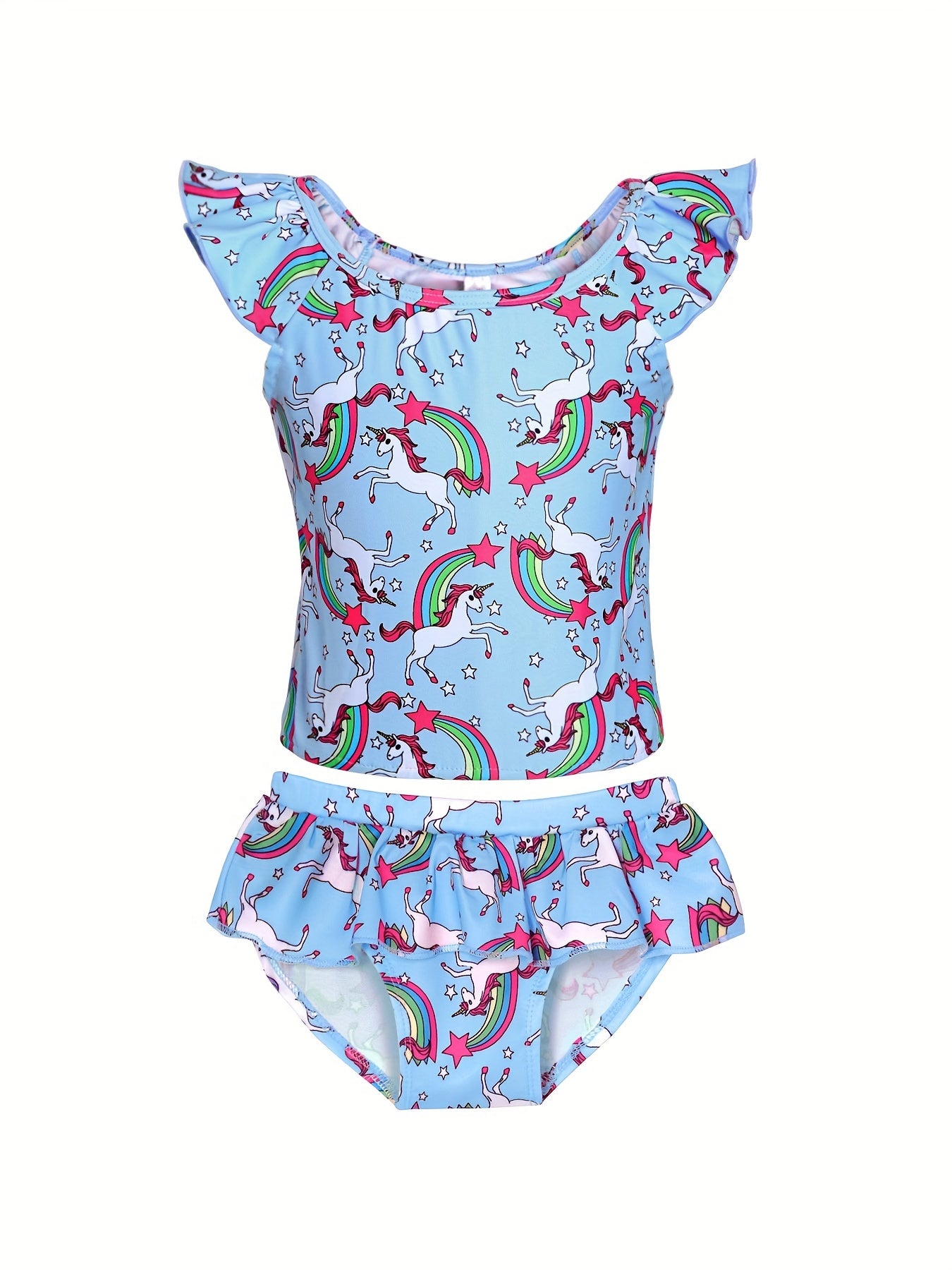 Girls Unicorn Bikini Tankini Swimsuit Ruffle Trim Top & Shorts Set