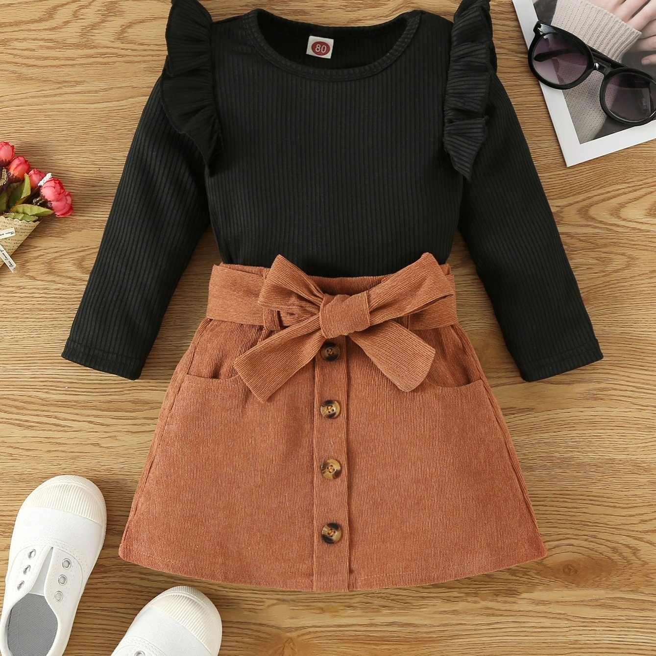 Toddler Girls Ribbed Knit Top & Belted Skirt Set