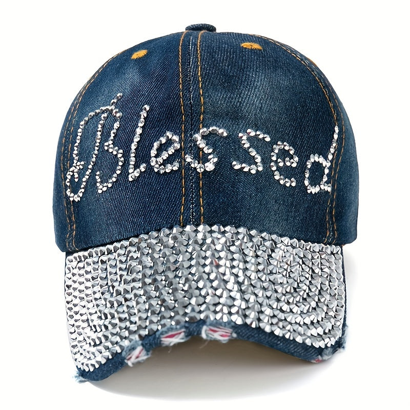 Blessed Rhinestone Denim Baseball Cap Lightweight Adjustable Casual Hat