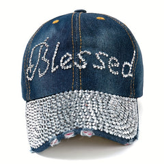 Blessed Rhinestone Denim Baseball Cap Lightweight Adjustable Casual Hat