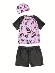 Girls Cartoon Flower T shirt & Shorts & Cap Swimsuit Set