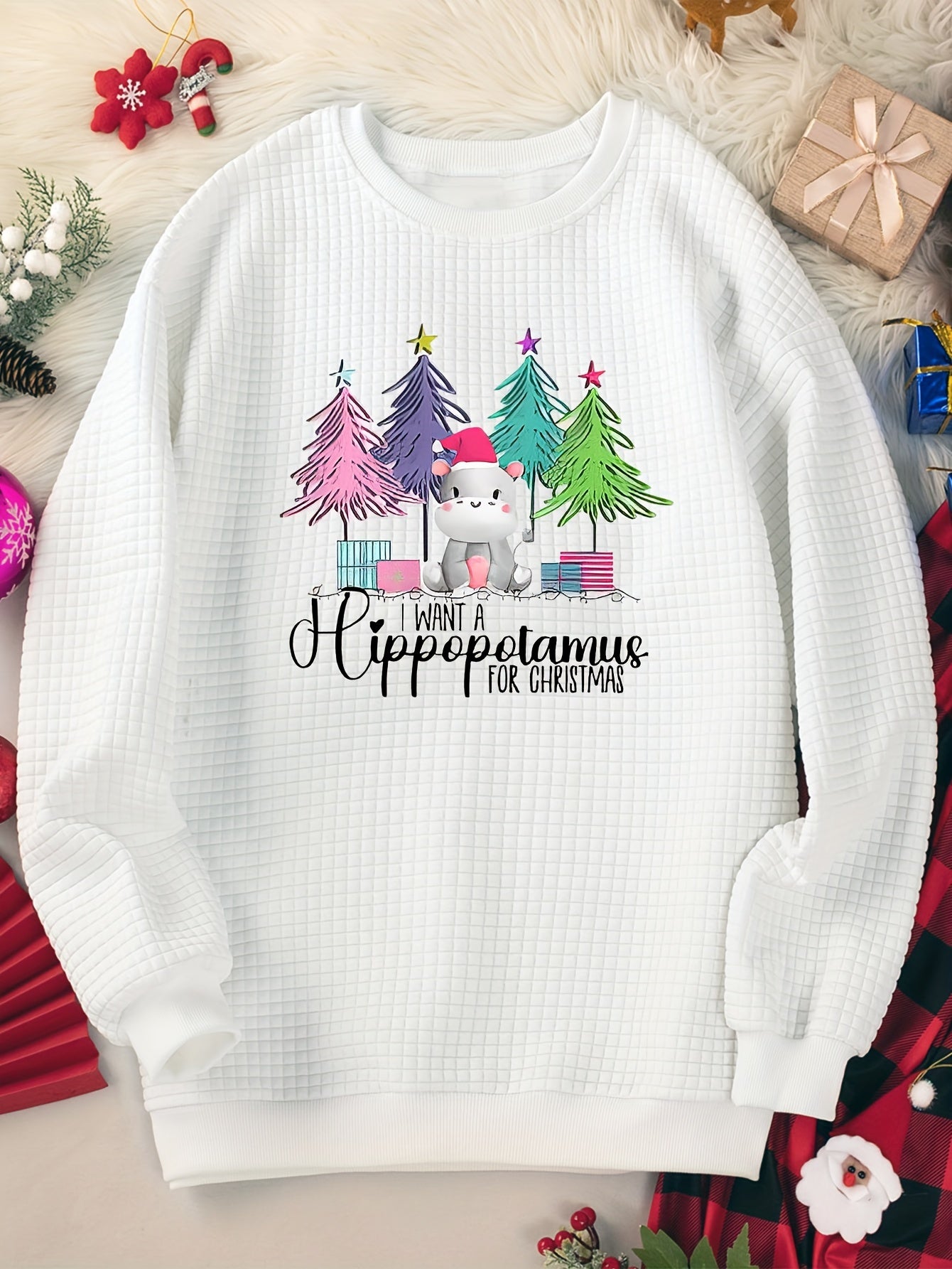 Christmas Lounge Top Crew Neck Waffle Home Wear Pink