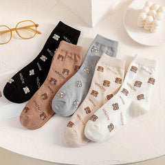 5 Pairs Cartoon Bear Socks Women's Mid Tube Stockings