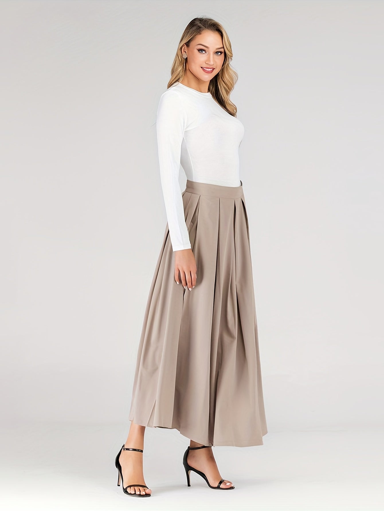 High Waist Pleated Maxi Skirt Casual Solid Women's Clothing