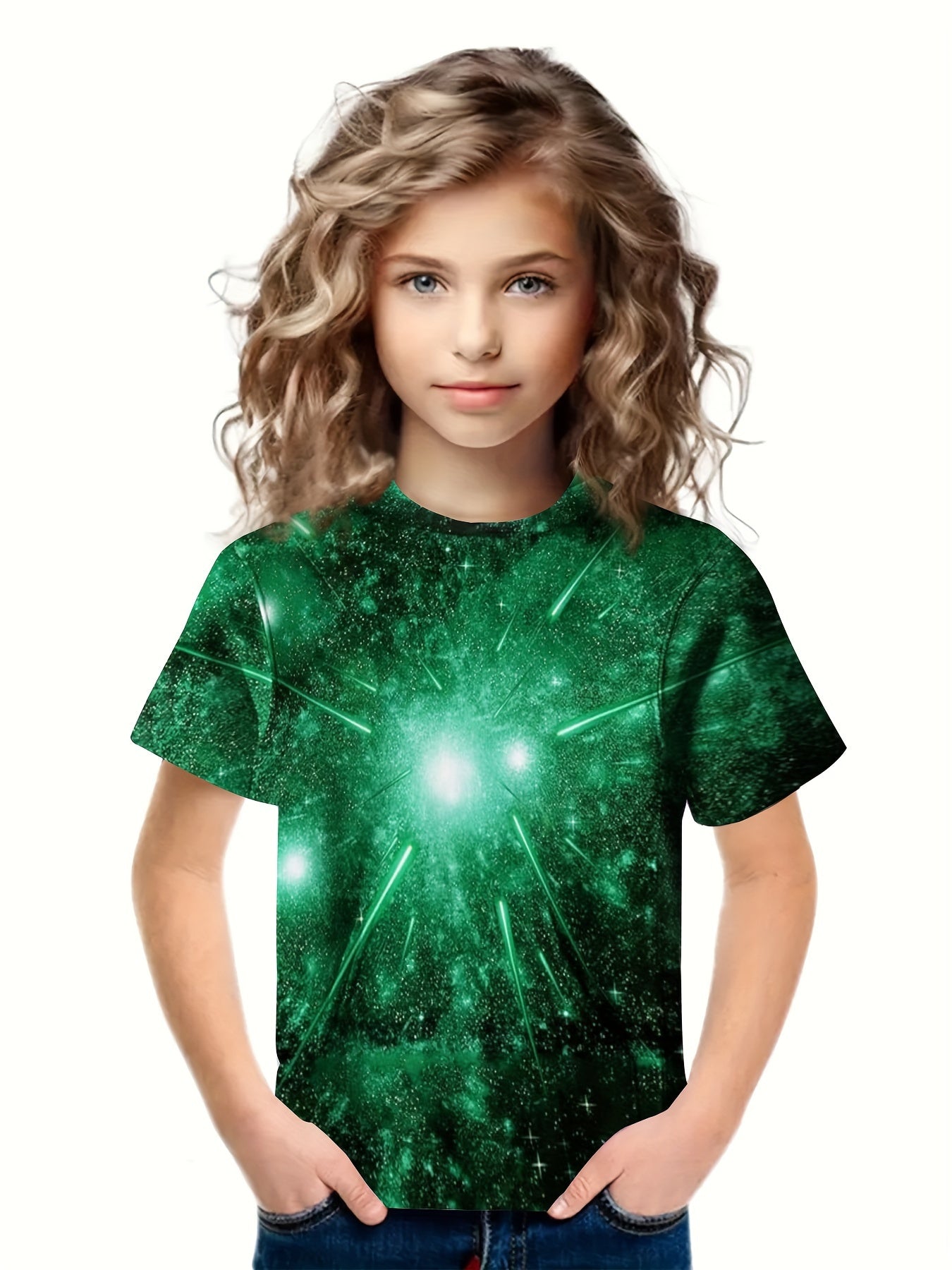 3D Green Light Crew Neck T-Shirt Girls Casual Pullover Tops Summer Sports