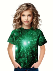 3D Green Light Crew Neck T-Shirt Girls Casual Pullover Tops Summer Sports
