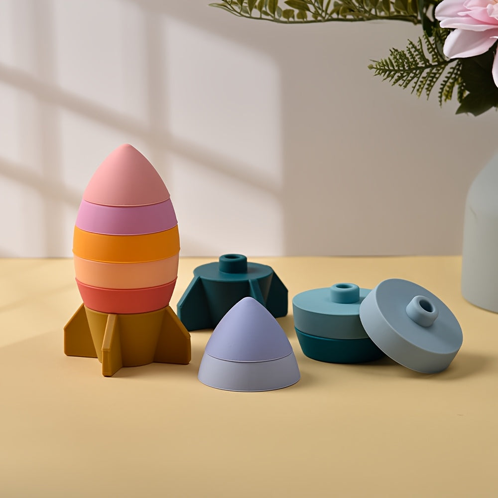 Silicone Stacking Toys for Kids Rocket Building Blocks Pink & Yellow