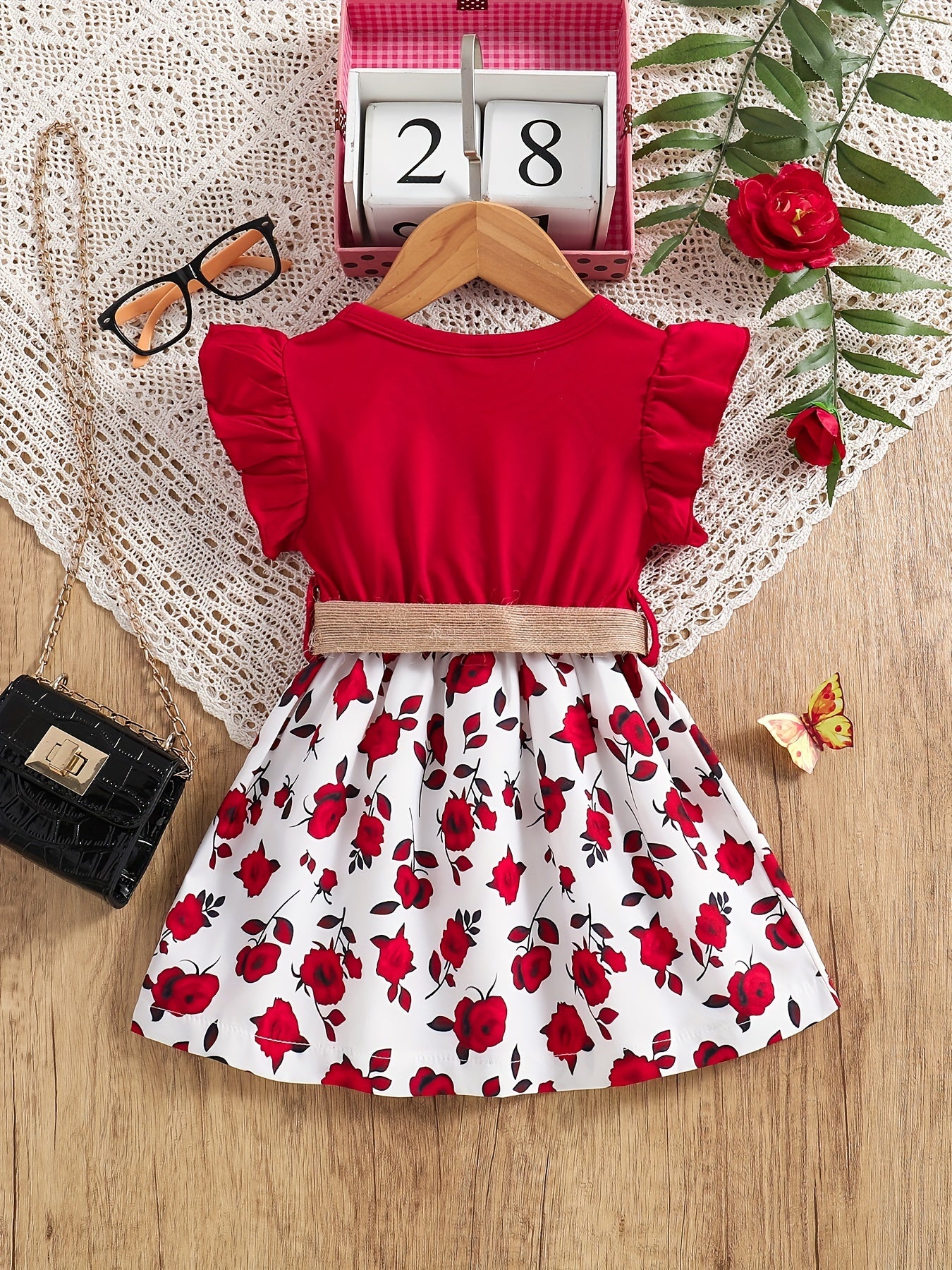Girls Floral Print Belted Dress Flutter Sleeve Fancy Party Costume