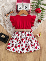 Girls Floral Print Belted Dress Flutter Sleeve Fancy Party Costume