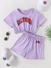 2pcs Girls CALIFORNIA Letter Graphic T Shirts & Bow Track Shorts Set
