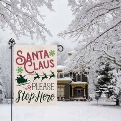 Christmas Garden Flag Santa Claus Sleigh Reindeer Burlap Vertical Stop Here