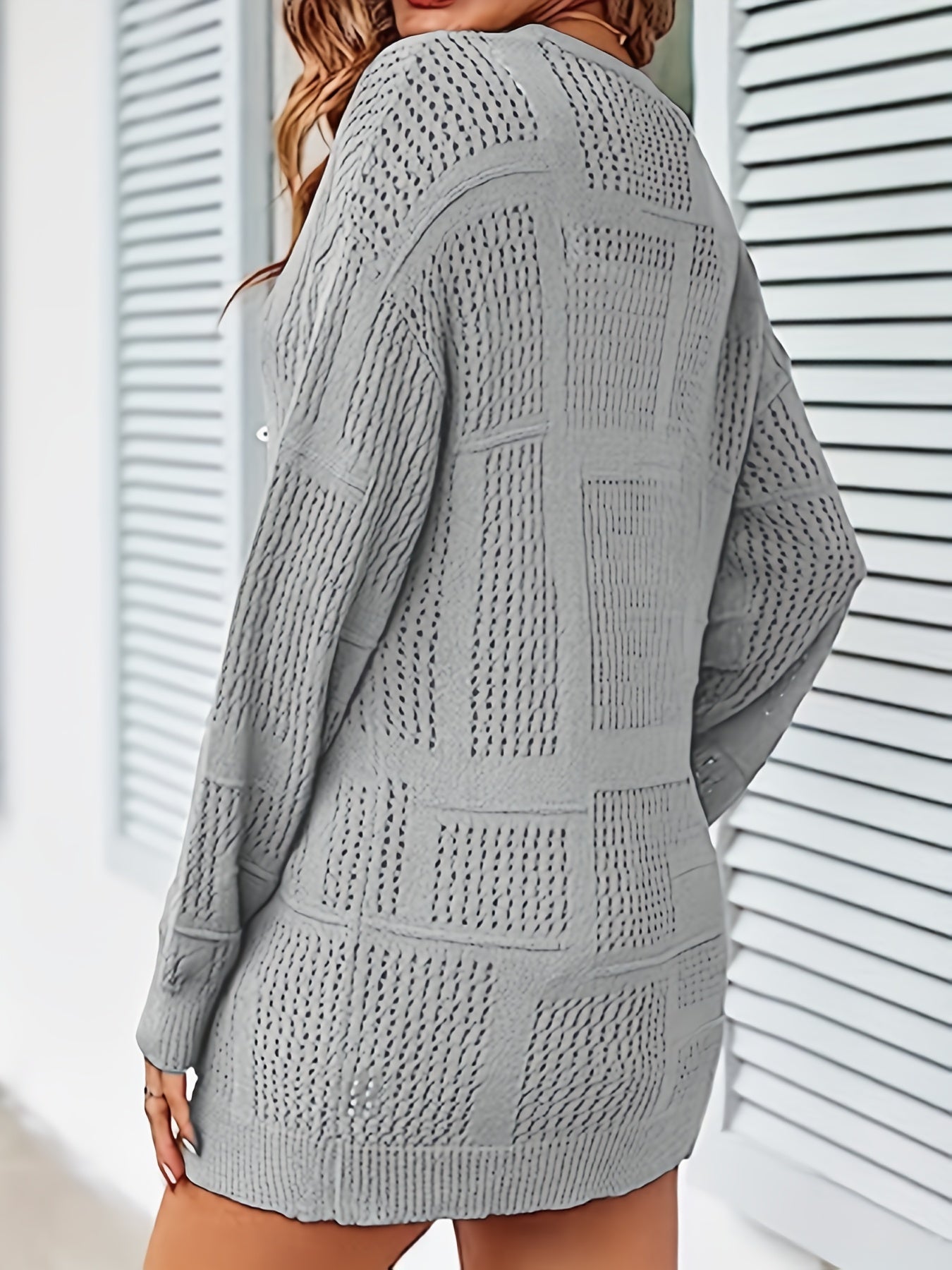Eyelet Solid Knit Cardigan Open-Front Long Sleeve Sweater