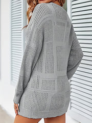 Eyelet Solid Knit Cardigan Open-Front Long Sleeve Sweater
