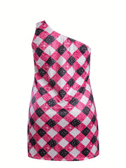 Plaid & Sequin Print One Shoulder Stretch Nightdress