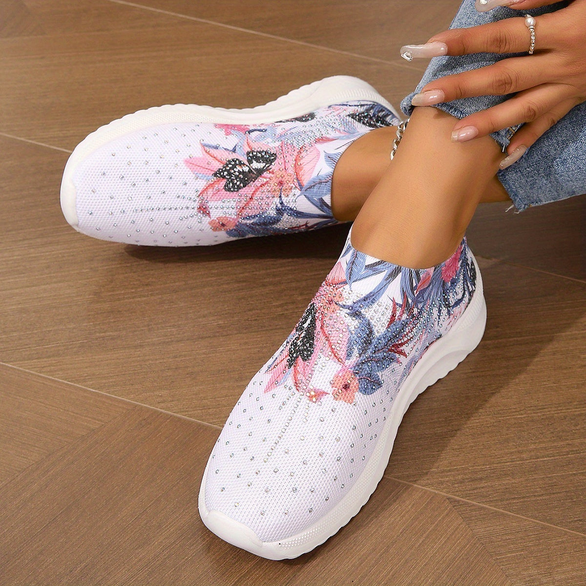 Floral Graphic Slip On Sock Shoes with Rhinestone Detail