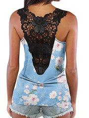 Floral Print Lace Tank Top Crew Neck Summer Sleeveless