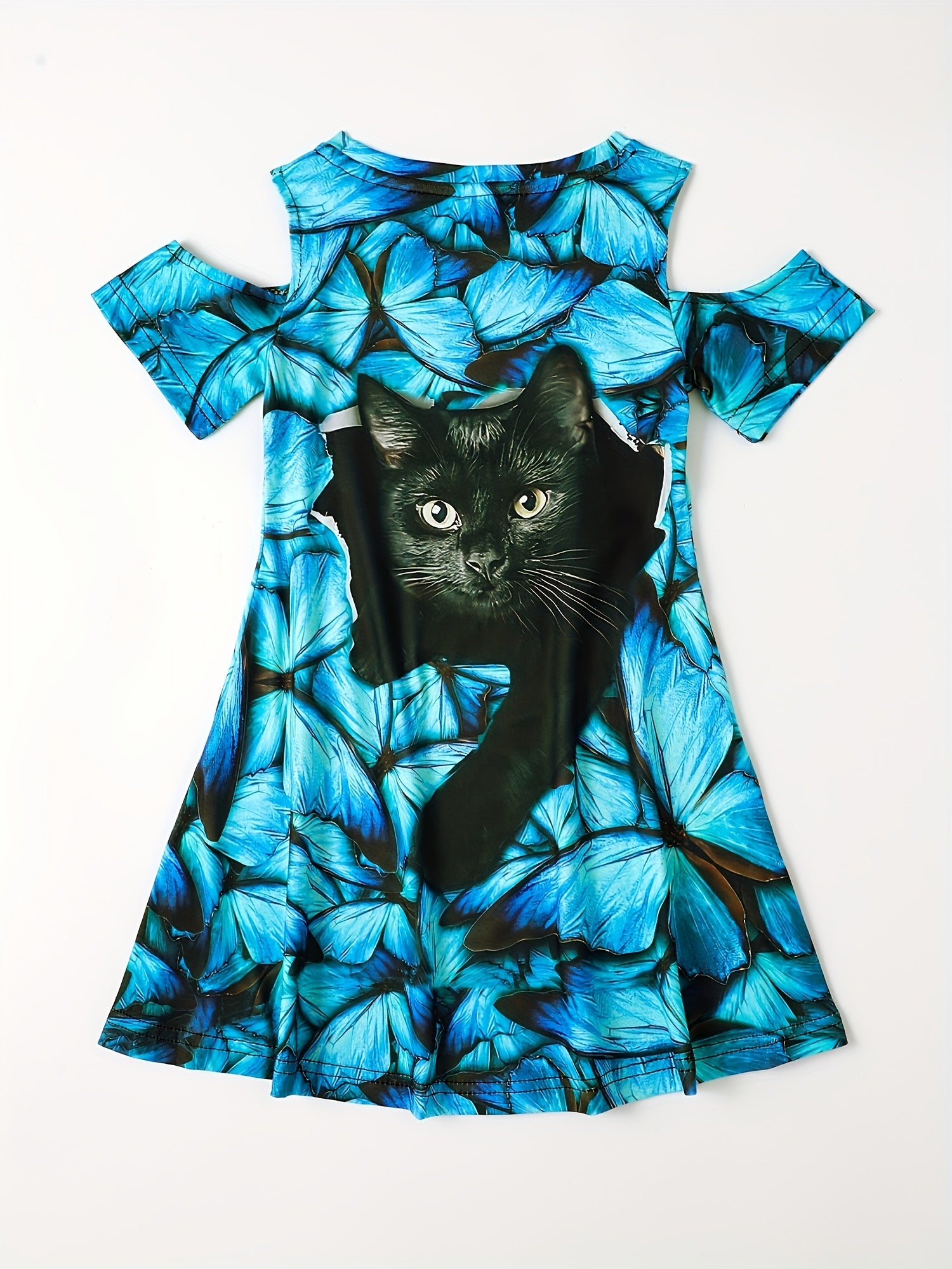 Girls 3D Cat Graphic Dress Short Sleeve Comfy Summery Party Gift