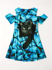 Girls 3D Cat Graphic Dress Short Sleeve Comfy Summery Party Gift