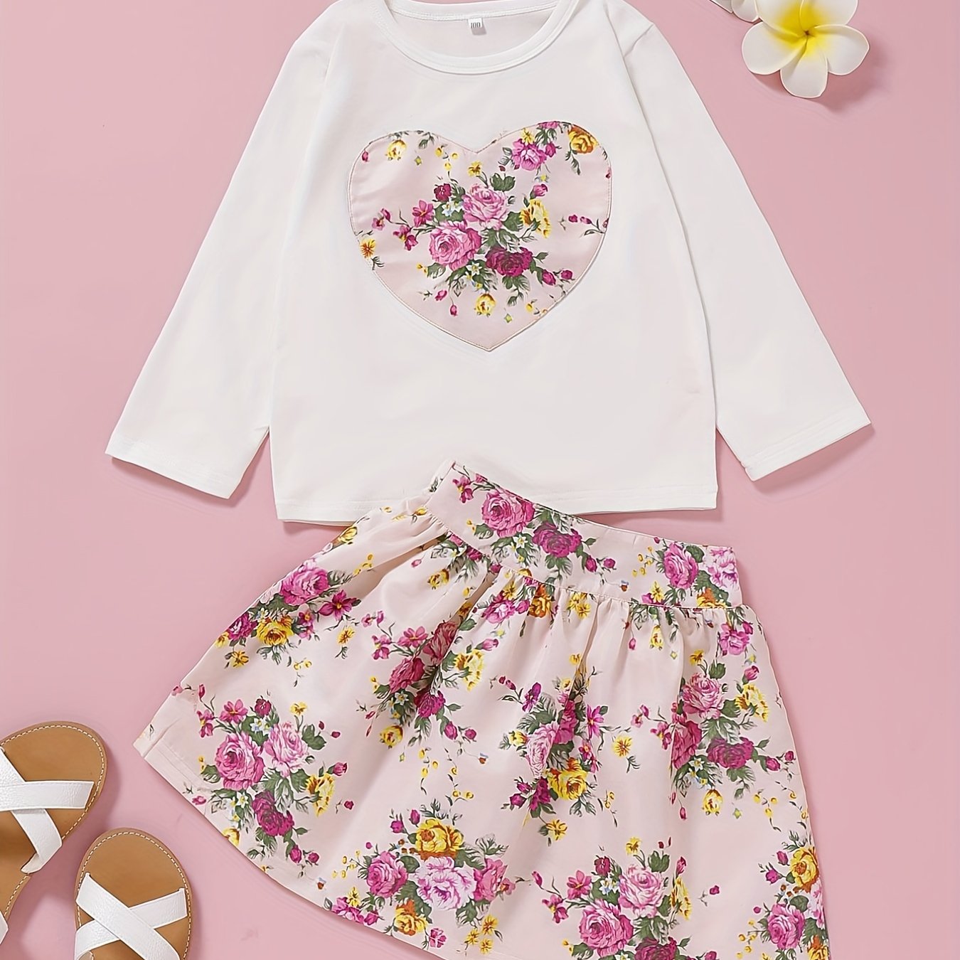 Girl's Heart Embroidered Half Skirt Cotton Suit