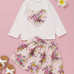 Girl's Heart Embroidered Half Skirt Cotton Suit