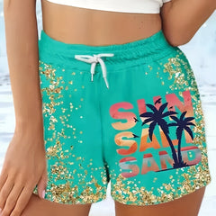 Coconut Tree & Letter Drawstring Shorts for Women
