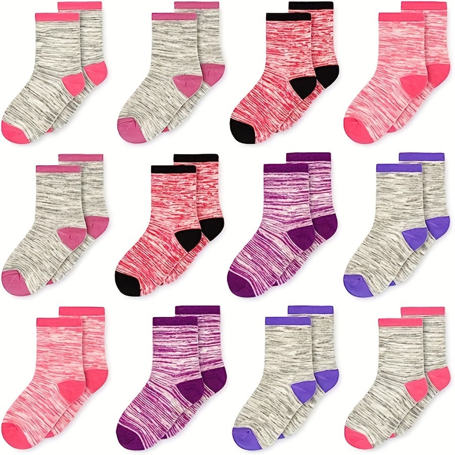 12 Pairs Girls Kids Breathable Comfy Crew Socks Block Socks Children