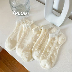 Floral Print & Mesh Ruffle Ankle Socks