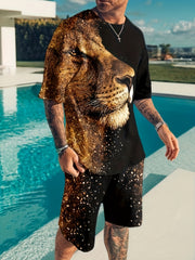 Totem Pattern Men's 2-Piece Outfit: T-shirt & Drawstring Shorts Set