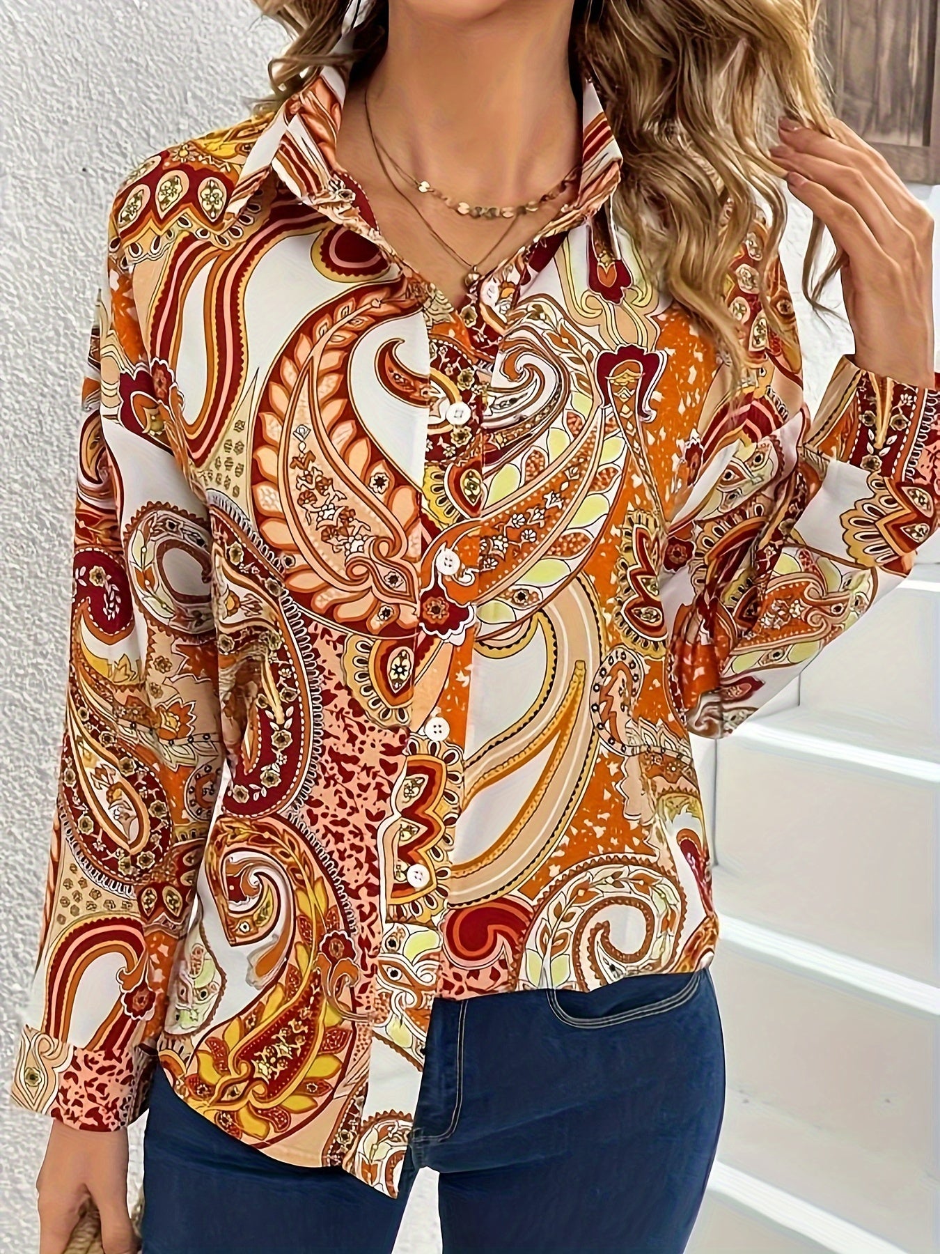 Boho Paisley Print Button Up Long Sleeve Blouse