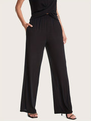 Solid Wide Leg Pants Elastic Waist Loose Fit Casual