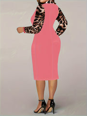 Colorblock Leopard Print Long Sleeve Midi Dress