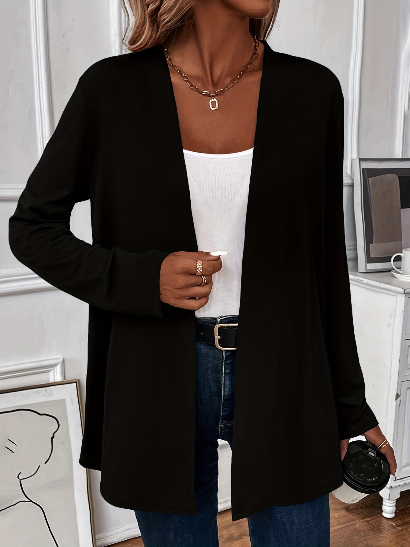 Solid Knit Cardigan Long Sleeve Open Front Casual Cardigan