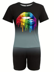 Lips Print 2pcs Set Short Sleeve T Shirt & Biker Shorts